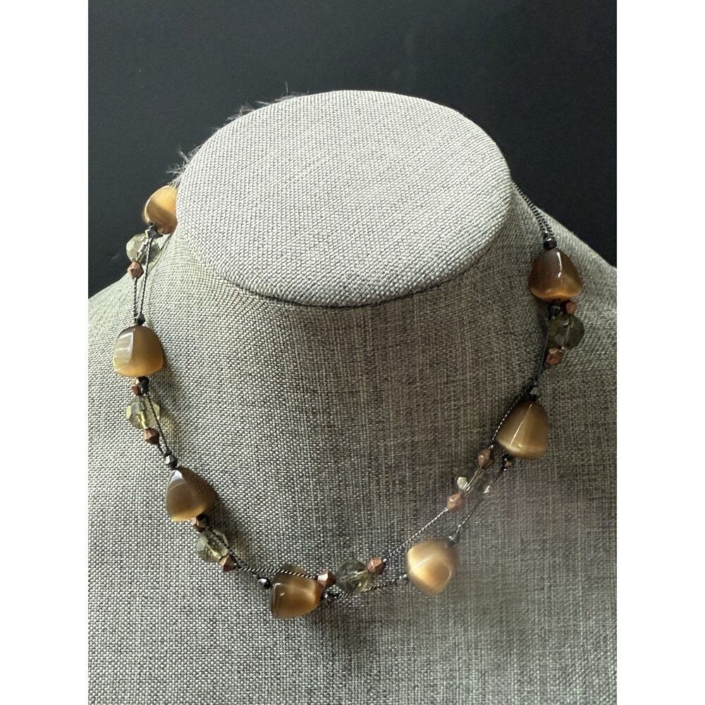 Lia Sophia JAVA Wire Necklace Glass Cat's Eye Brown 16-19" Choker Bib Statement